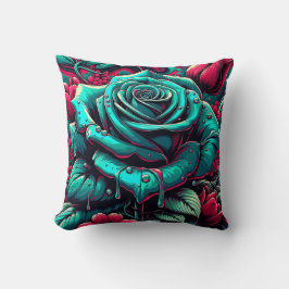 Cojín Decorativo "Rosa azul estilizado con gotas de lluvia"