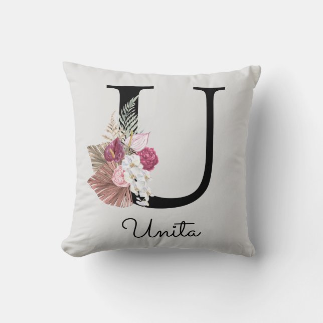 Cojín Decorativo Rosa Boho Monograma Floral Inicial U Femenina (Anverso)