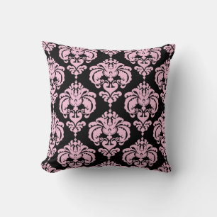 Cojín Decorativo Rosa Claro y Negro Damask Patrón Moderno Elegante