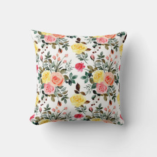 Cojín Decorativo Rosa de acuarela rosa y amarillo
