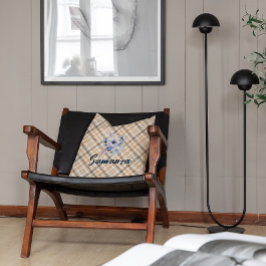 Cojín Decorativo Rosa de acuarela tartán vintage nombre azul beige