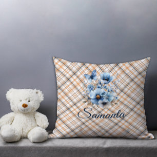 Cojín Decorativo Rosa de acuarela tartán vintage nombre azul beige