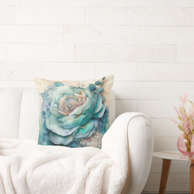 Cojín Decorativo Rosa de acuarela turquesa ampliado (Sofá)
