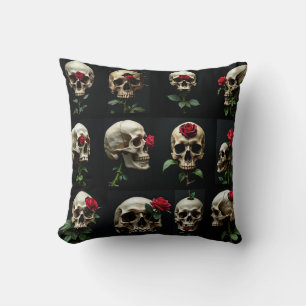 Cojín Decorativo Rosa de cráneo gótico rojo negro