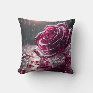 Cojín Decorativo "Rosa de cristal con gotas de lluvia - arte floral