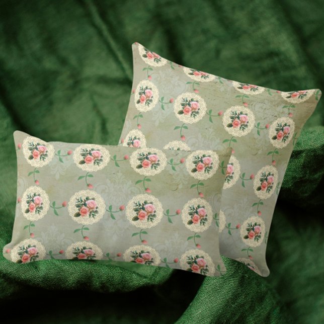 Cojín Decorativo Rosa de época Doily Green Damask (3 sizes available)