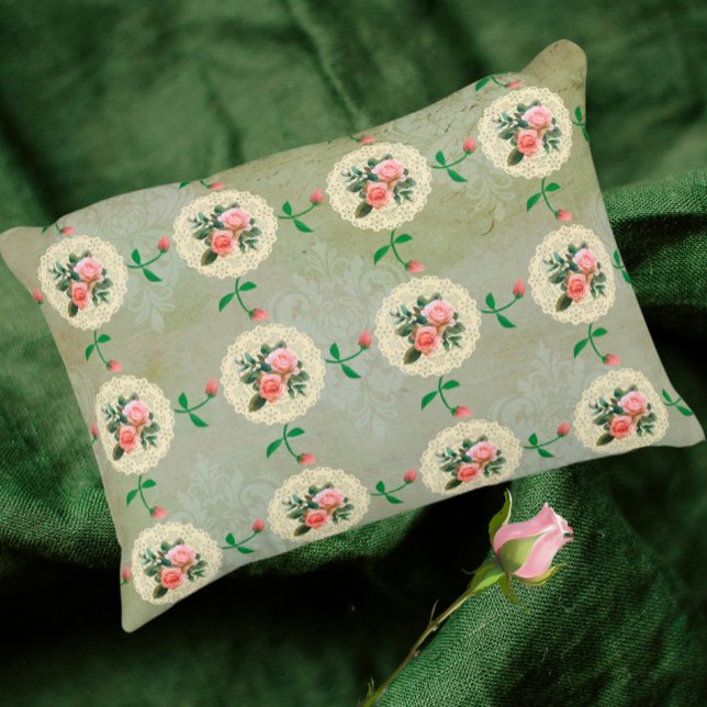 Cojín Decorativo Rosa de época Doily Green Damask (Vintage nostalgic accent for yourself or a gift
)