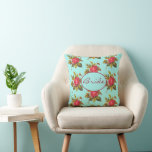 Cojín Decorativo Rosa de época y Boda de novia Aqua Bride Keepsake<br><div class="desc">Este es un romántico patrón vintage de bonitas rosas rojas en azul acuático y tiene una plantilla de texto que dice Novia en el centro del frente. Puede cambiar el texto a un nombre o futuro señora... o lo que quiera. Sugerencia del diseñador: haga clic en personalizar para ajustar el...</div>