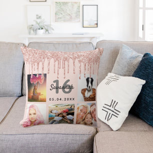 Cojín Decorativo rosa de foto de 16 años purpurina de oro rosa rubo