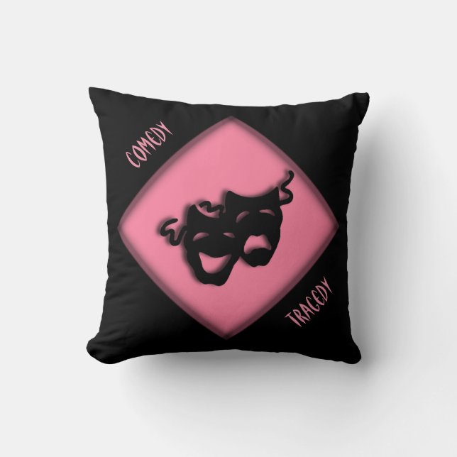 Cojín decorativo rosa de máscaras griegas tristes  (Anverso)