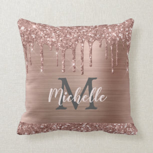 Cojín Decorativo Rosa de Oro Purpurina gotea en monogramado rosado 