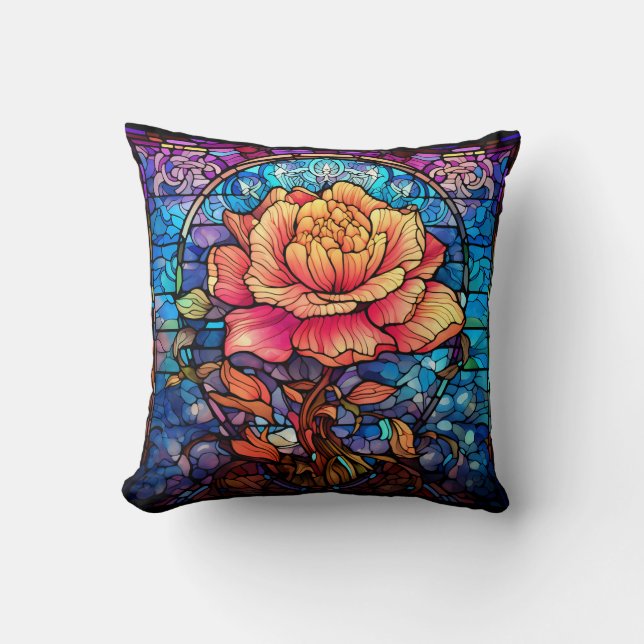Cojín Decorativo Rosa de vidrio manchado (Anverso)