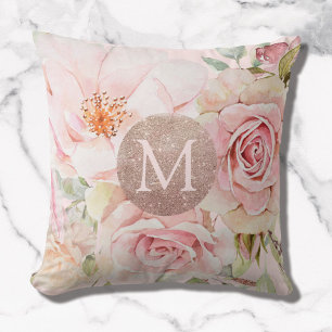 Cojín Decorativo Rosa Dorada Monograma Flores Acuarela Rosadas 