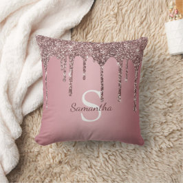 Cojín Decorativo Rosa Dorado Glitter Monograma Nombre con Goteo