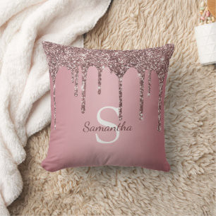 Cojín Decorativo Rosa Dorado Glitter Monograma Nombre con Goteo