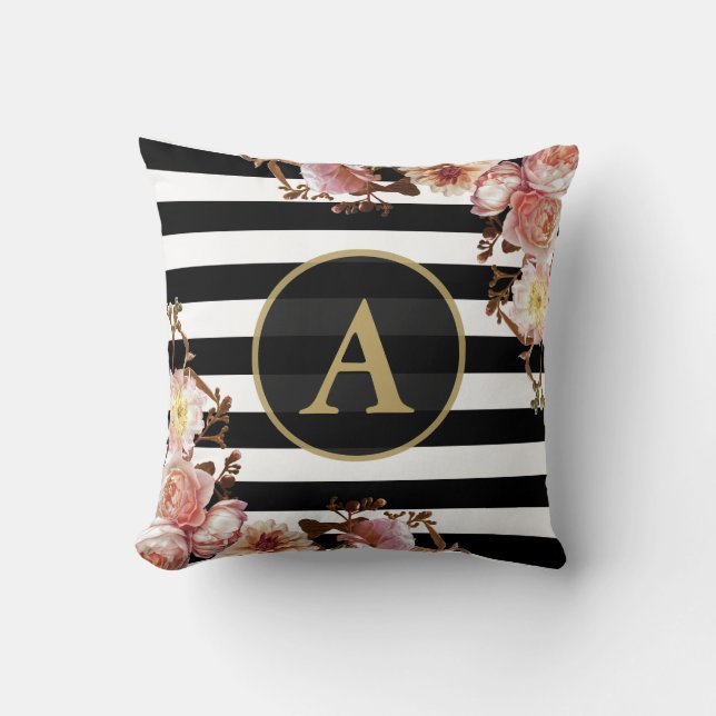 Cojín Decorativo Rosa Floral Gold Monograma Black White Stripe (Anverso)