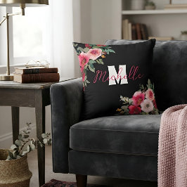 Cojín Decorativo Rosa Floral Monograma Personalizado Nombre Persona