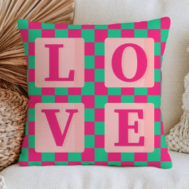 Cojín Decorativo Rosa Fucsia y Verde Patrón de Cuadros Amor