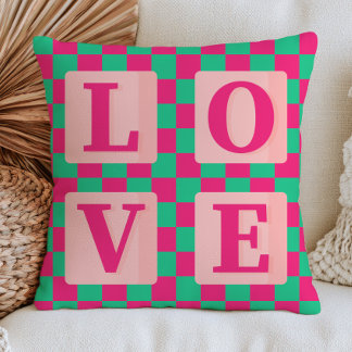 Cojín Decorativo Rosa Fucsia y Verde Patrón de Cuadros Amor 