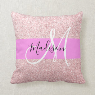 Cojín Decorativo Rosa Glamouroso Brillo Monograma Rosa Dorado