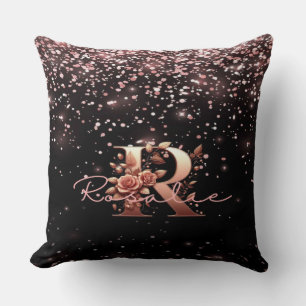 Cojín Decorativo Rosa Letra floral oro R Purpurina negro y rosa