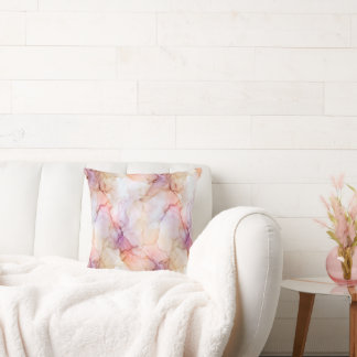 Cojín Decorativo Rosa Melocotón Suave y Mármol de Acuarela Lavanda