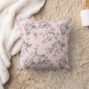 Cojín Decorativo Rosa moderno con brillo de oro rosa y flores blanc