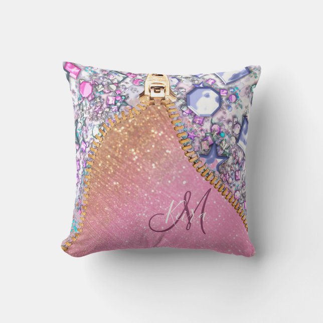 Cojín Decorativo Rosa Monogramado Purpurina Girly Personalizado (Anverso)