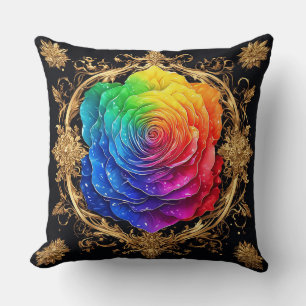 Cojín Decorativo Rosa multicolor con florituras doradas ornamentada