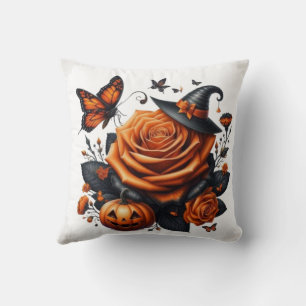 Cojín Decorativo Rosa Naranja de Halloween Sombrero de Bruja Calaba