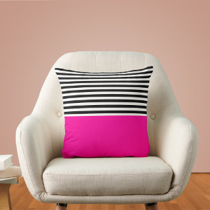 Cojín Decorativo Rosa Neon Con Rayas Negras y Blancas