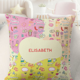 Cojín Decorativo Rosa Pastel Femenino Kawaii Doodle