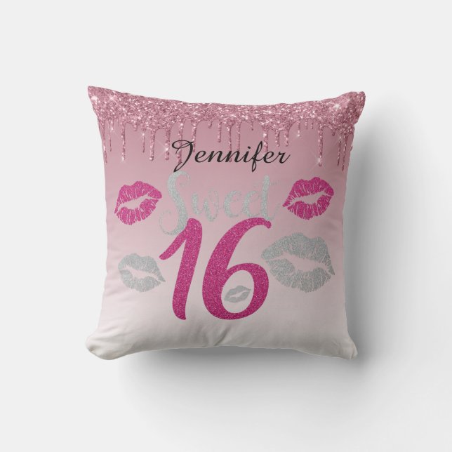 Cojín Decorativo Rosa personalizado del dulce 16 (Anverso)