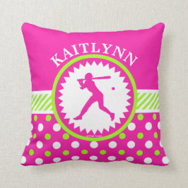 Cojín Decorativo Rosa personalizado del softball - lunares verdes