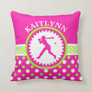 Cojín Decorativo Rosa personalizado del softball - lunares verdes