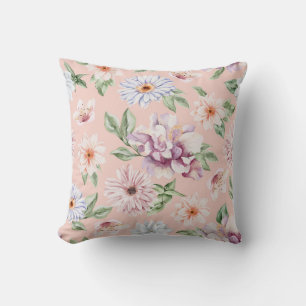 Cojín Decorativo Rosa Polvo Acuarela Floral Lavanda y Melocotón