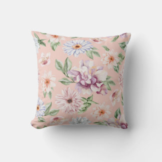 Cojín Decorativo Rosa Polvo Acuarela Floral Lavanda y Melocotón