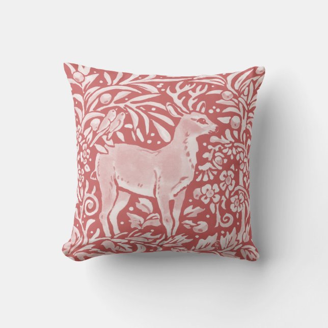 Cojín Decorativo Rosa Polvoriento Rosado Deer Woodland Animal Bird  (Anverso)