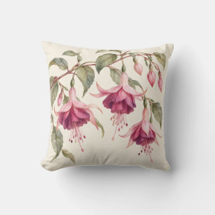 Cojín Decorativo Rosa Púrpura Fucsia Crema Acuarela Botánica