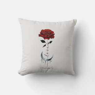 Cojín Decorativo Rosa roja de tatuaje y luna de luna creciente con