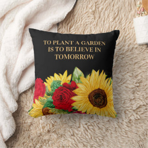 Cojín Decorativo Rosa Roja Girasol Amarillo Cita de Inspiración Neg