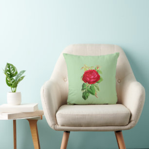 Cojín Decorativo Rosa Roja Pintada sobre Verde Claro