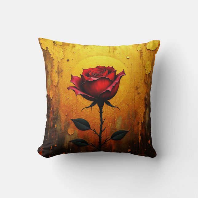 Cojín Decorativo Rosa Roja sobre Dorado (Anverso)