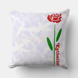 Cojín Decorativo Rosa Roja Única Tallo Verde Hojas Personalizar Nom