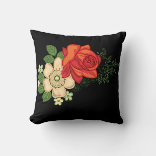 Cojín Decorativo Rosa roja y fondo negro marrón