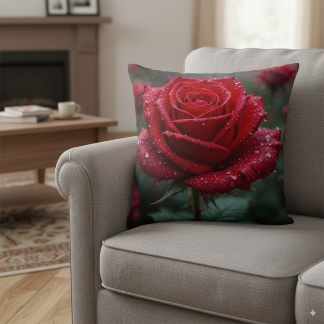 Cojín Decorativo Rosa Rojo Elegante en lluvia - Floral vibrante (Subido por el creador)