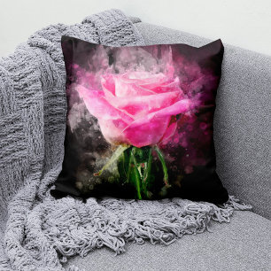 Cojín Decorativo Rosa rosa acuarela sobre fondo negro