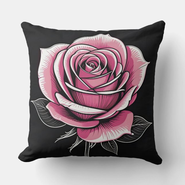 Cojín Decorativo Rosa rosa en negro (Anverso)