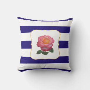 Cojín Decorativo Rosa rosa sobre rayas azules y blancas