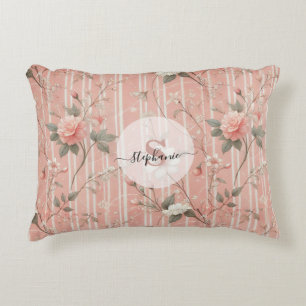 Cojín Decorativo Rosa rosa vintage con fondo rosado a rayas